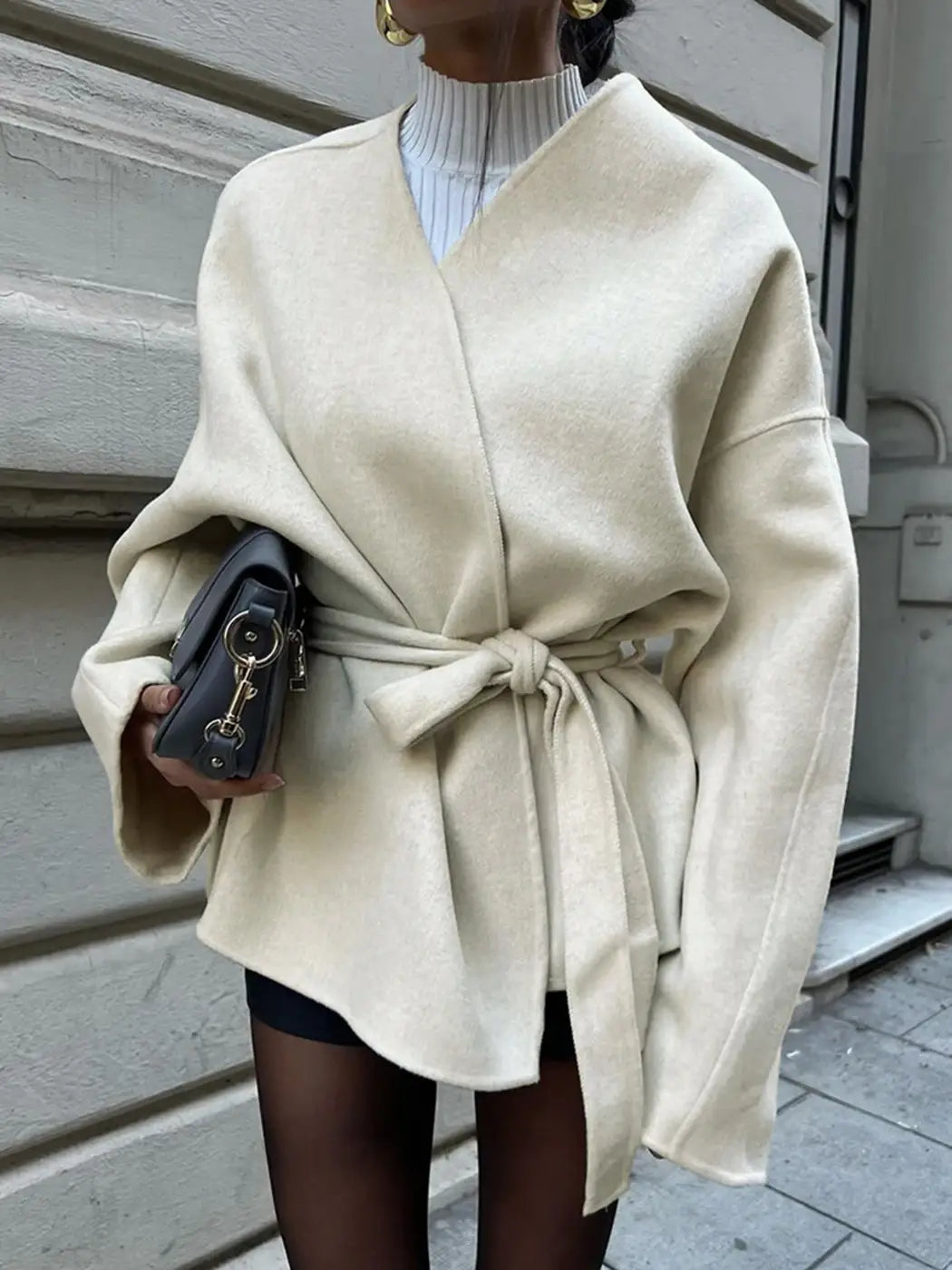 Elegant Belt Lace Up Woolen Jacket For Women