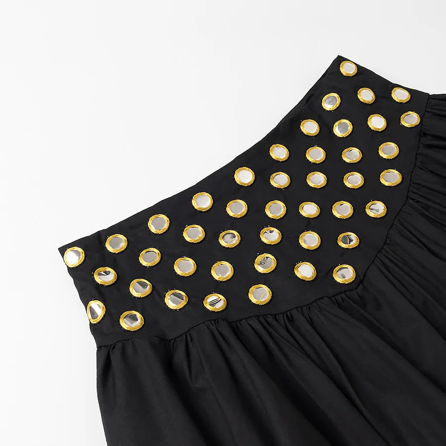 Women Metal Hollow Pleated Suspender Skirt Suit