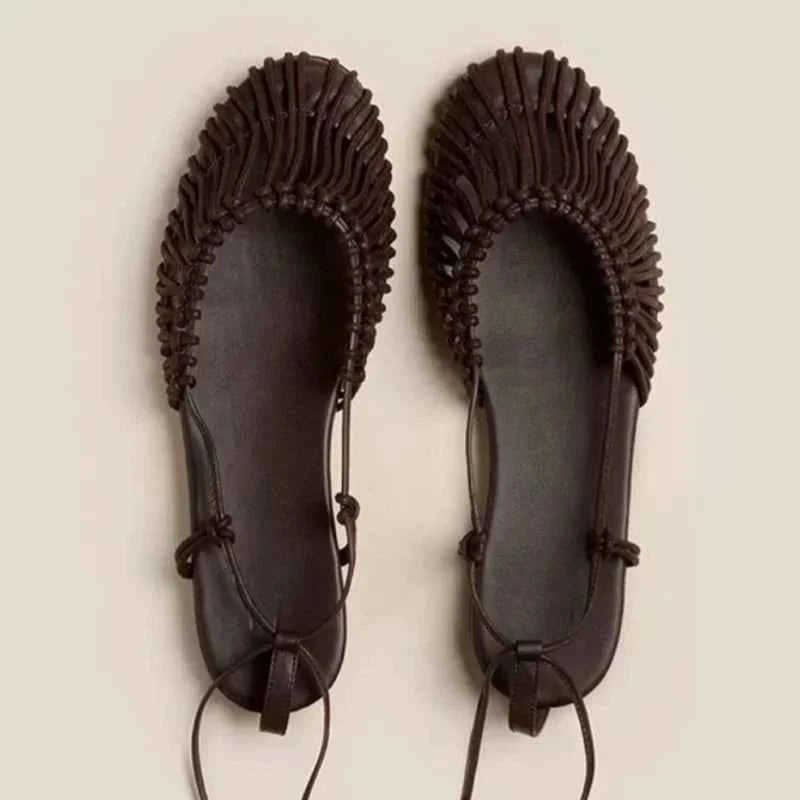 Woven Hollow Women Sandals Casual Lace-up Round Head Sandals