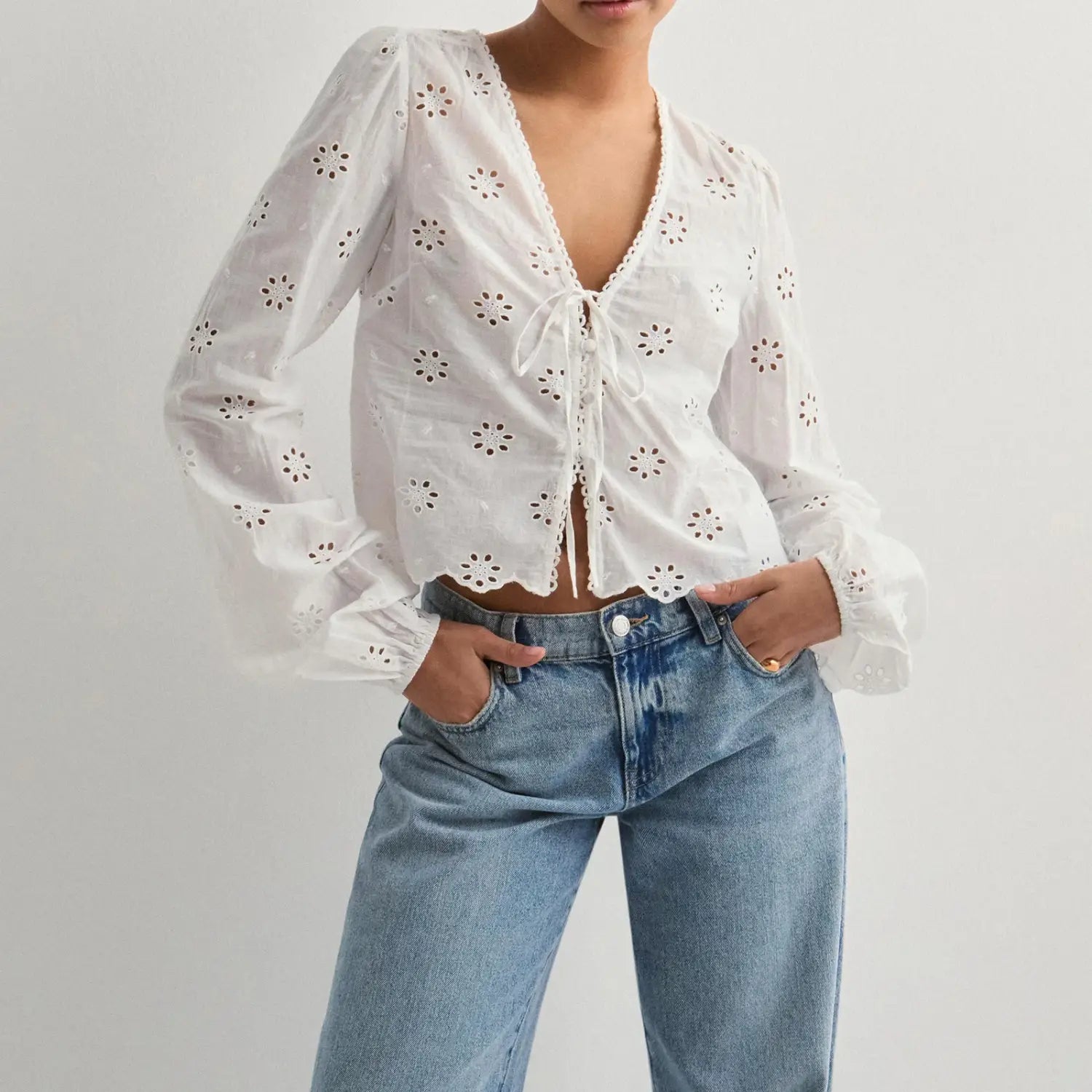 Women Tie Front Blouse Top Long Sleeve