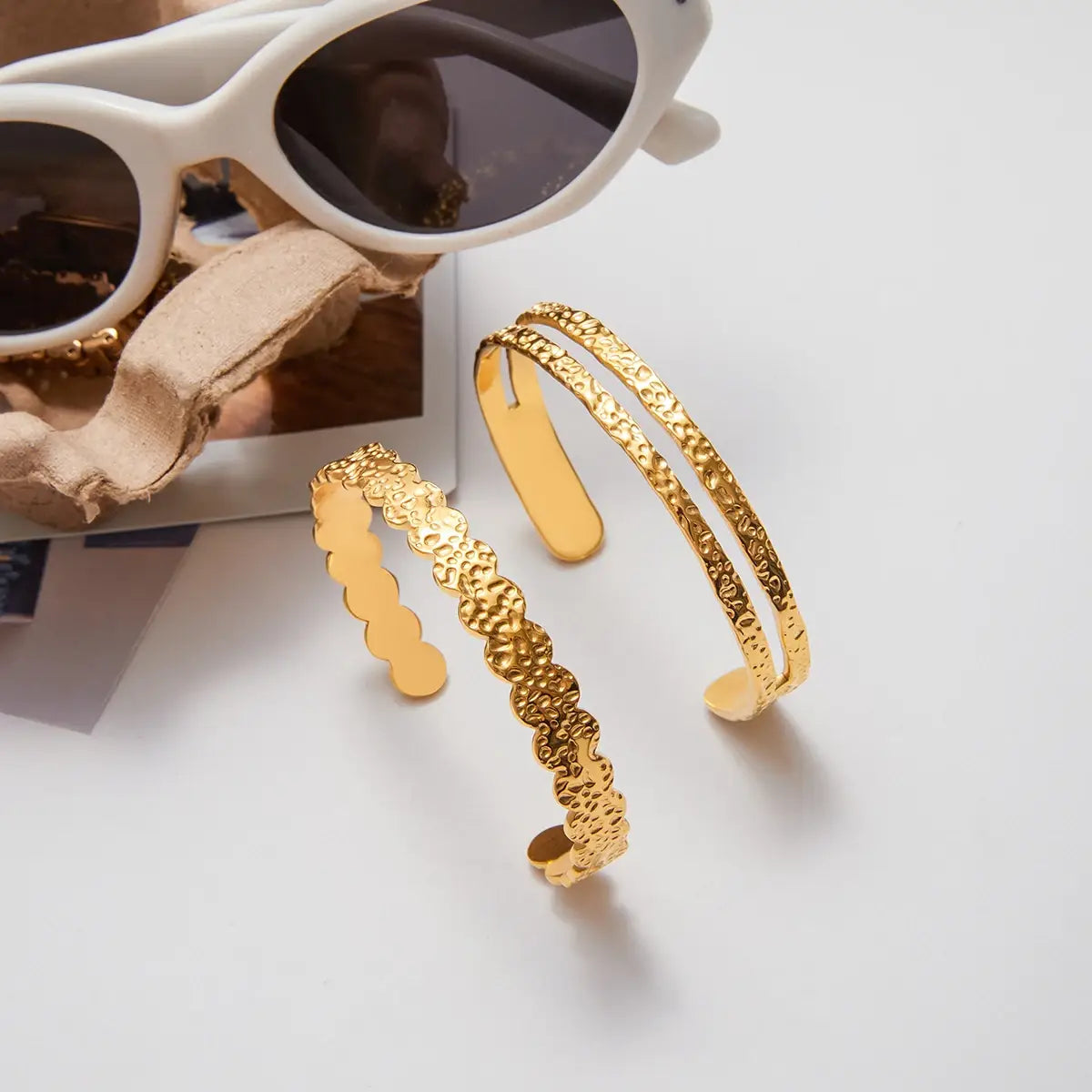 Gold Color Plated Stainless Steel Hammer Pattern Double Layer Bracelet