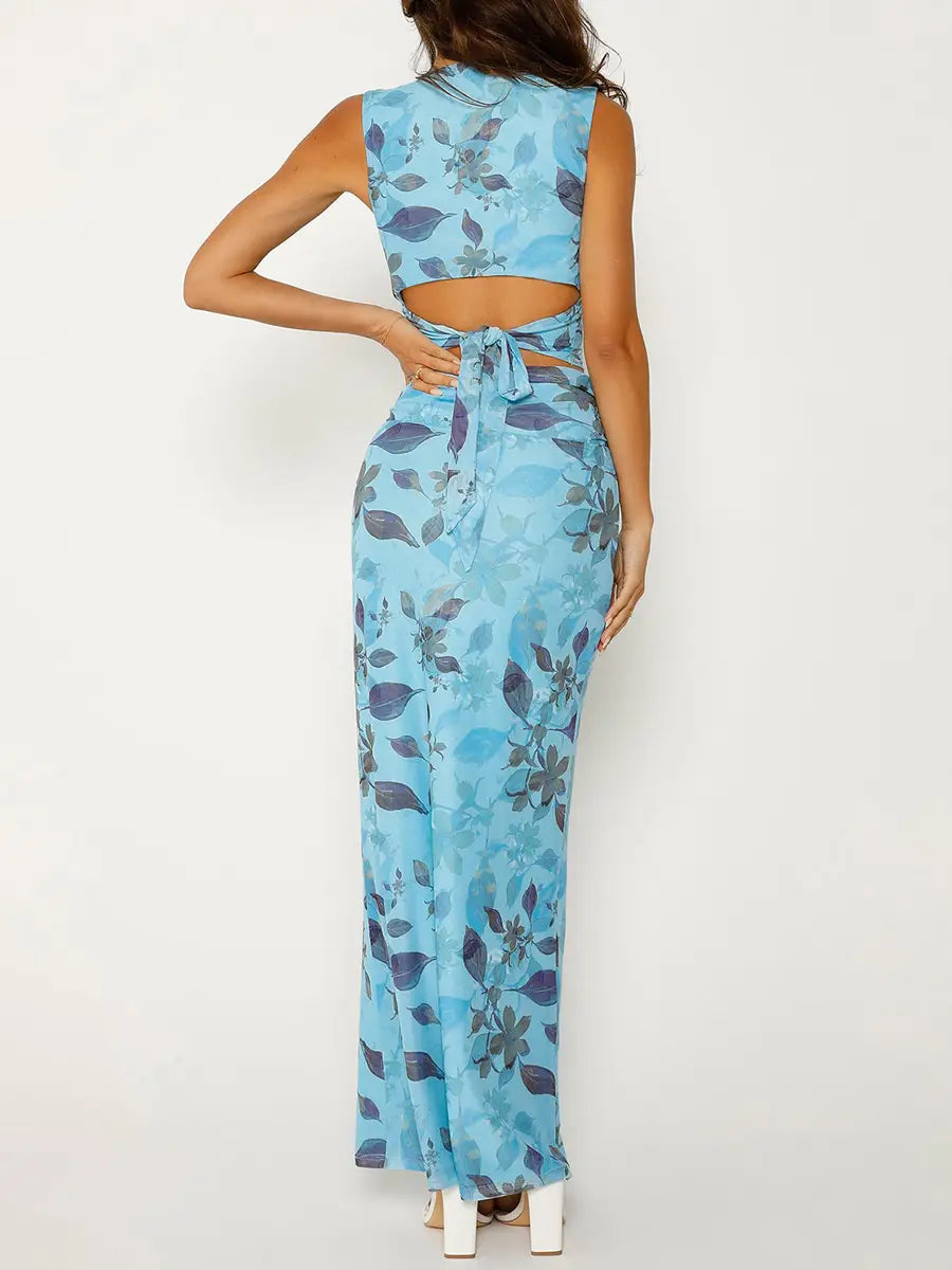 Vintage Women’s Floral Print V-Neck Slim Tank Tops + High Waist Long Skirt Set