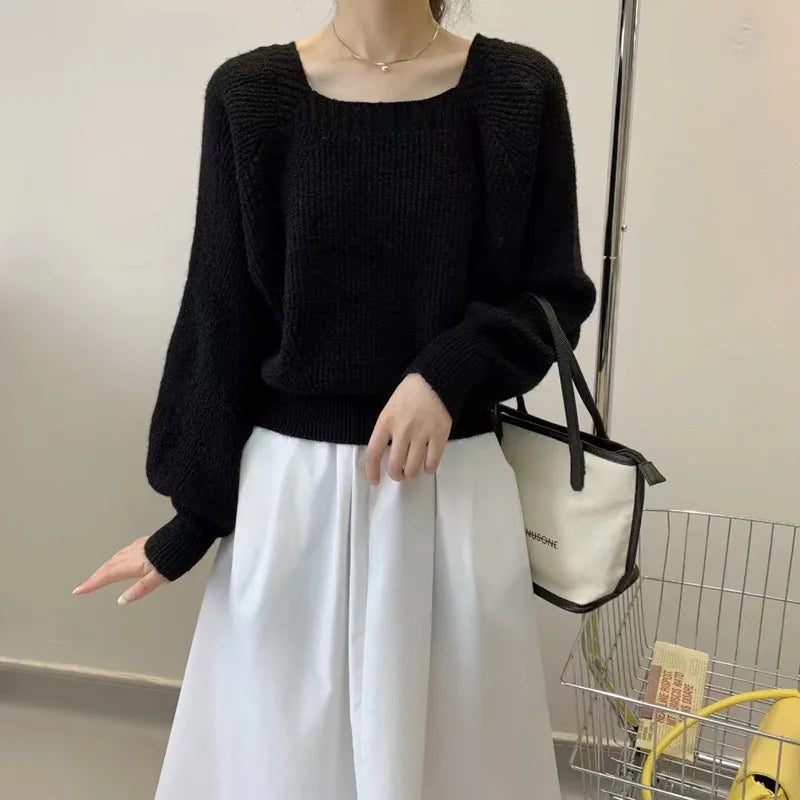 Elegant Square Neck Retro Casual Women Knitted Sweater