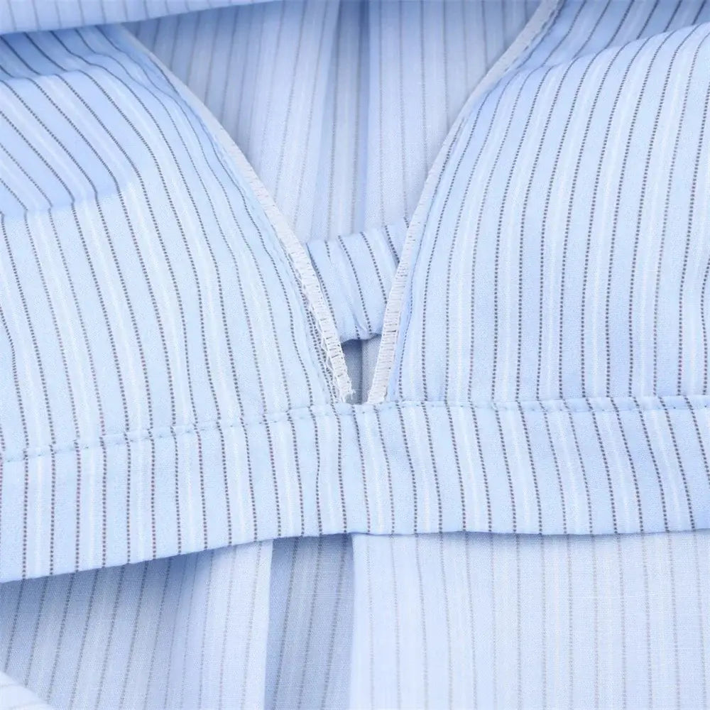 Women’s Lace Detail Striped Short Shirt Fluffy Mid Waist Skirt Pants Set