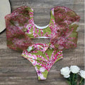 High Waist Bikini Set Floral Print Swimwear Women With Long Puff Sleeves - Norellé