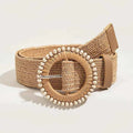 Women Round Buckle Boho Straw Belt