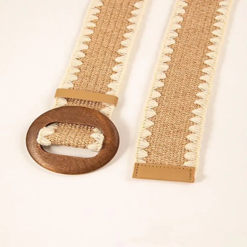 Patchwork Round Wood Buckle Women Belt