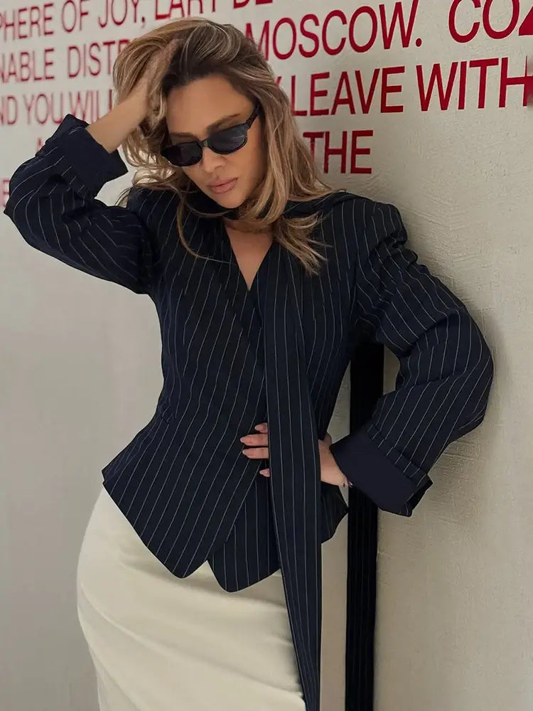 Striped Print V-neck Ribbon Shirt