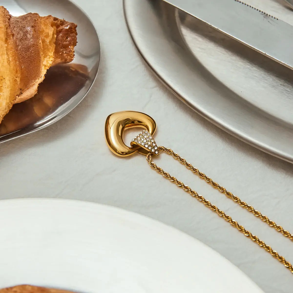 Stainless Steel Rhinestone Heart Hollow Pendant Necklace