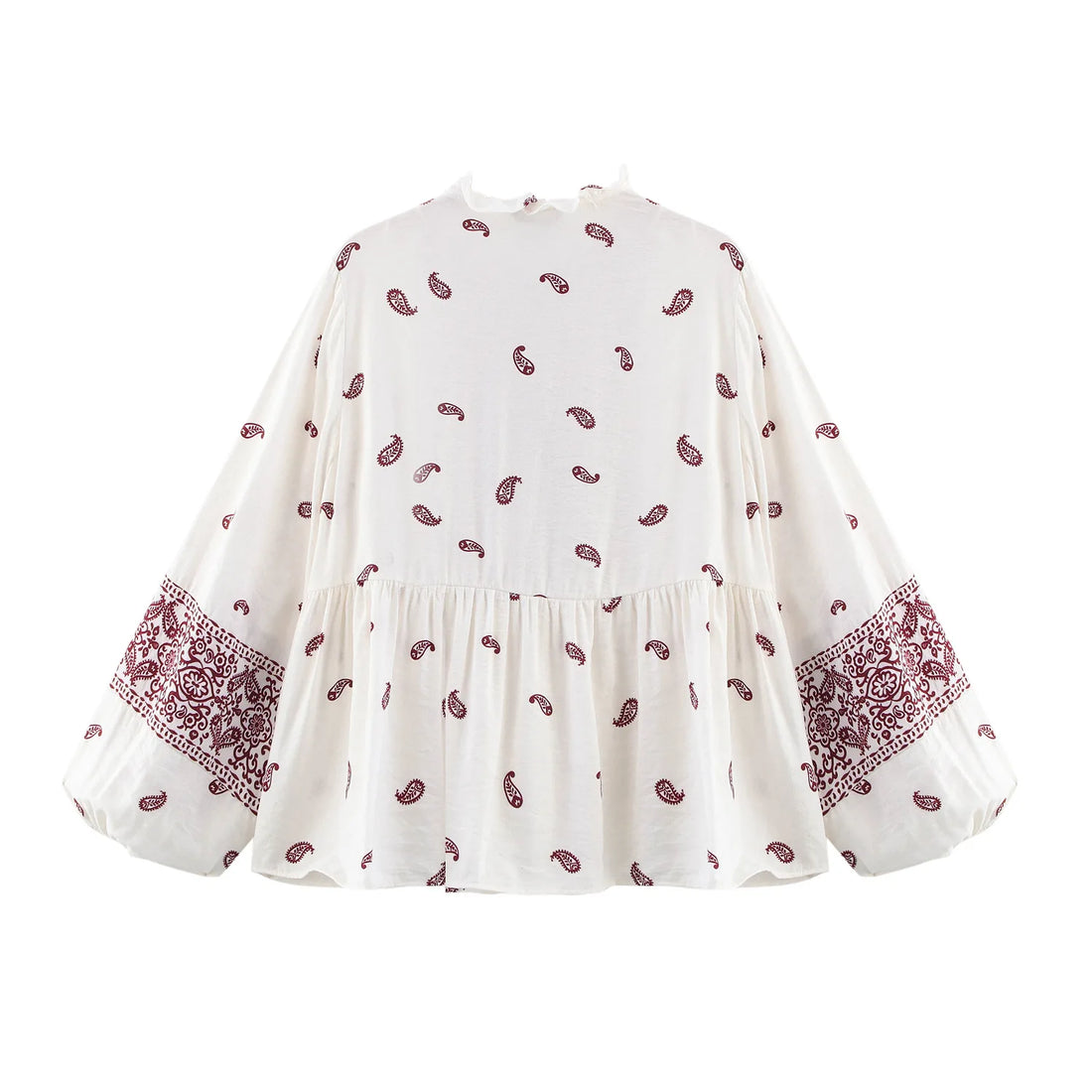 Women's Printed Tassel Shirt Hollow Loose Stand-up Collar Lantern Sleeve Top