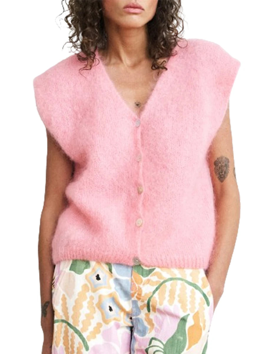 Women Knit Vest Elegant Furry Sleeveless Button