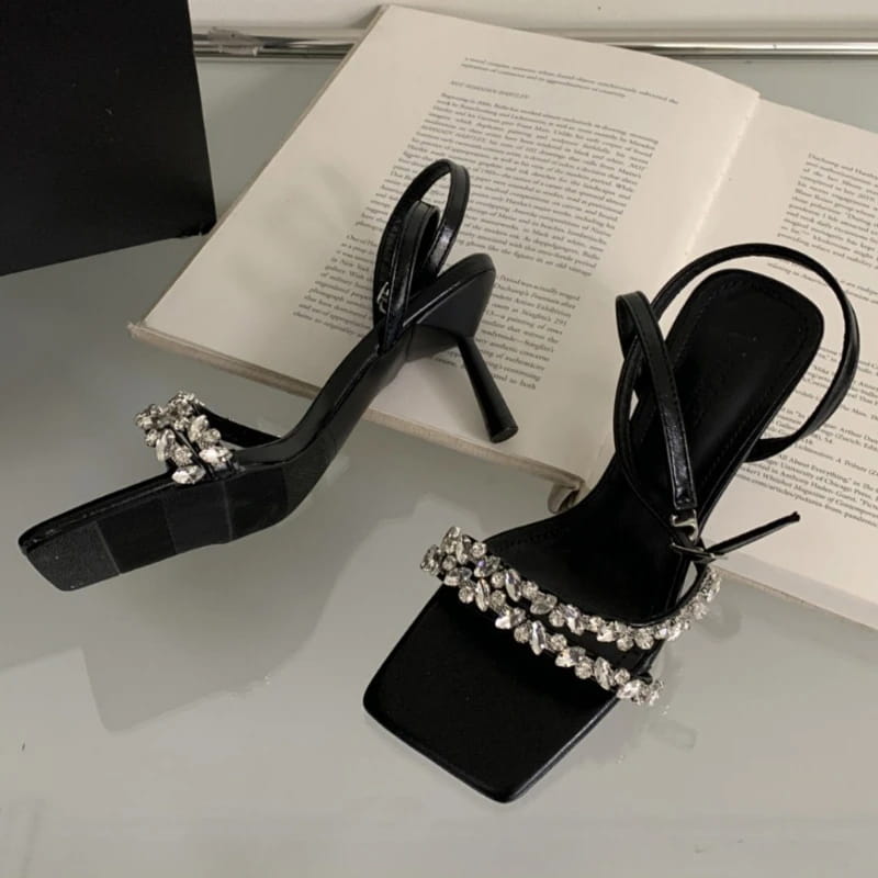 Rhinestone Ankle Strap Women Sandals High Quality Square Toe