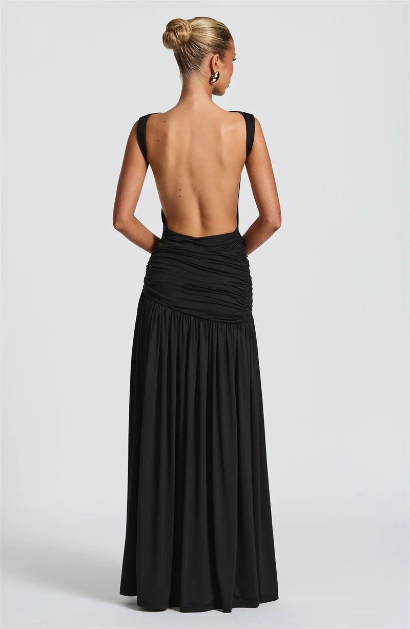 Metal Flower Backless Ruched Maxi Dress Women