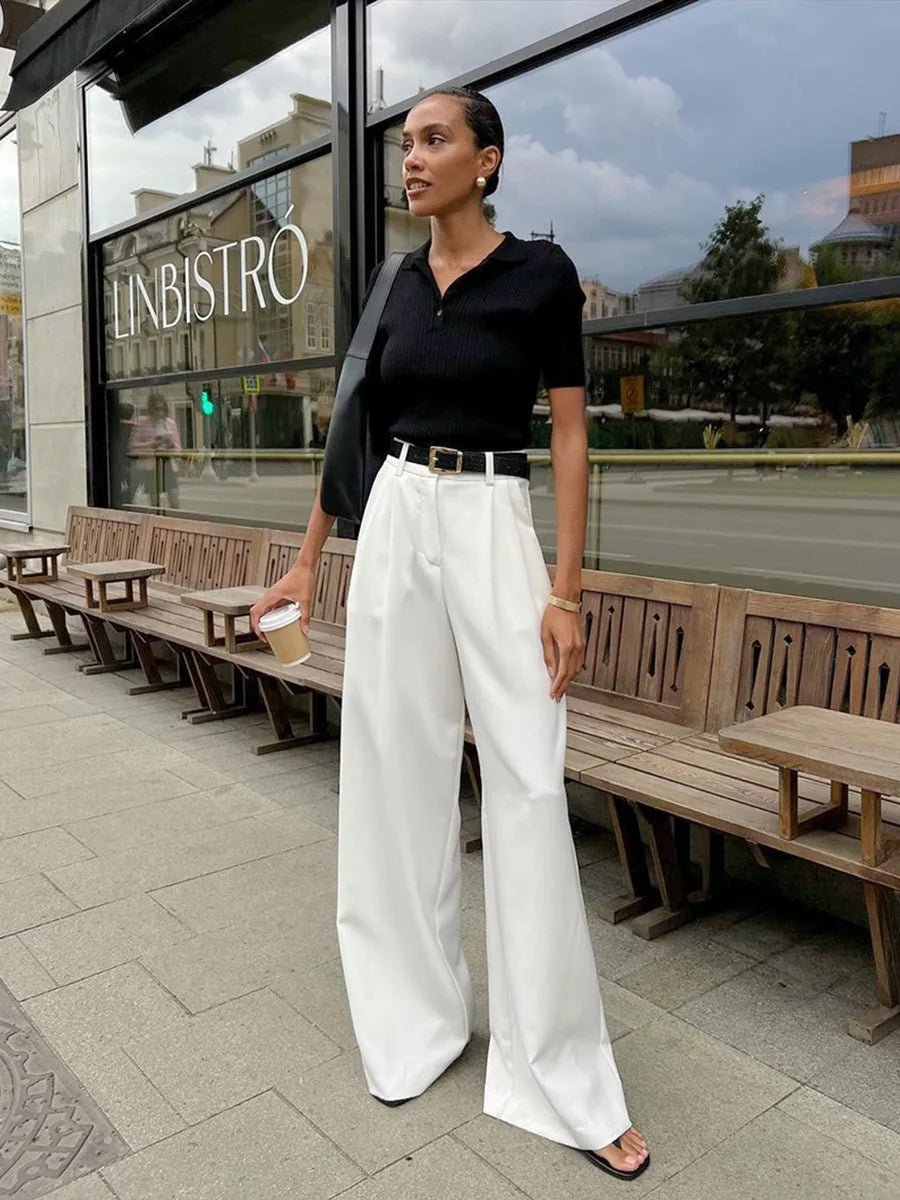 Solid Minimalist Spliced Pockets Pant for Women High Waist Loose