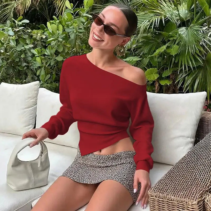 Inclined Shoulder Long Sleeve T-shirt Women