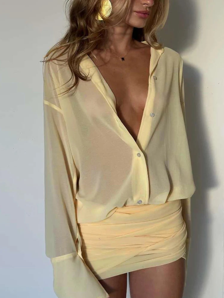 Ruched See Through Dress Women Patchwork Single-Breasted - Norellé