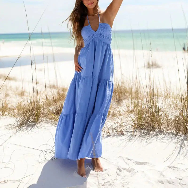 Women Summer Lace-up Halter Neck Casual Ruffle A-line Long Dress - Norellé