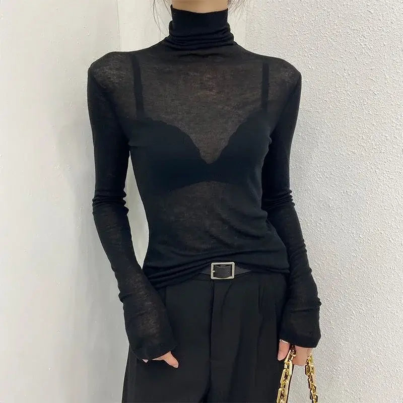 Turtleneck Slim High Quality Plain T Shirt Women