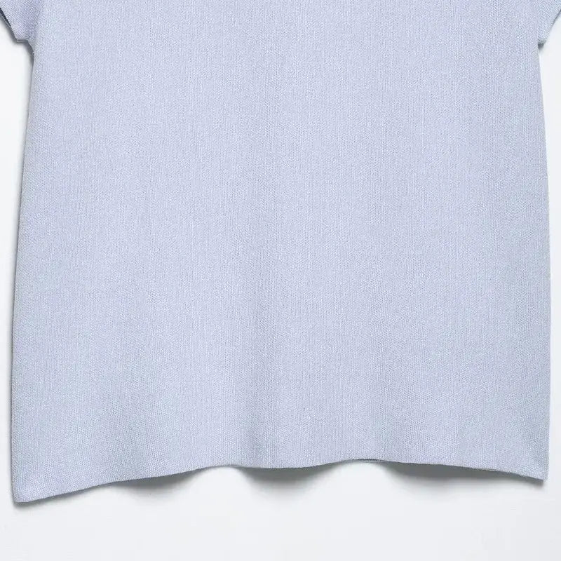 Women Fashion With Pearls Blue Knitted Pullover Sweater Vintage O-Neck Short Sleeves