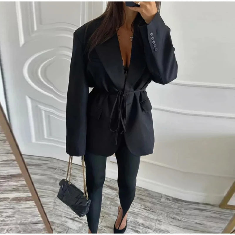 Women’s Tie Waist Blazer Coat Oversized Padded Shoulder