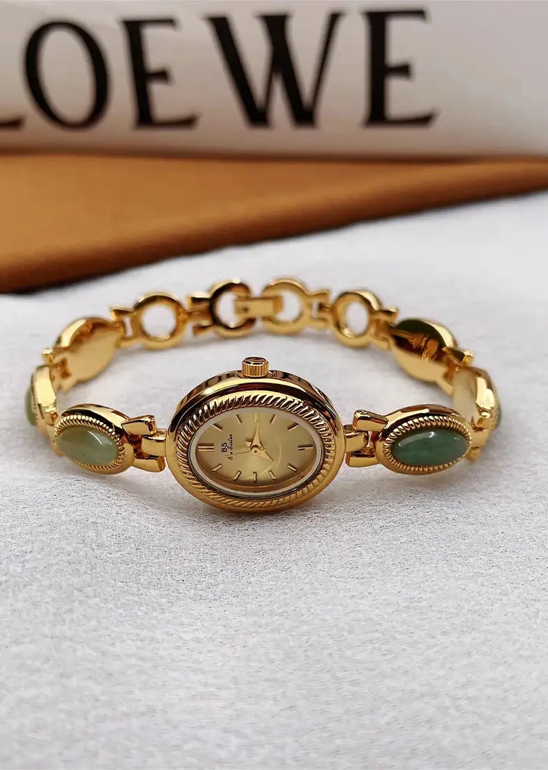 Women’s Watch Natural Premium Jade Gold Silver Bracelet Quartz