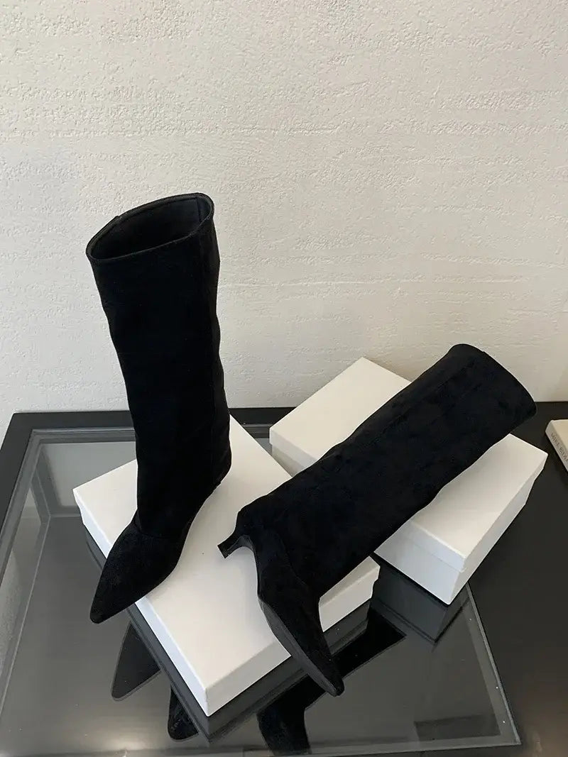 Women Knee-High Boots Street Style Pointed Toe Thin Low Heels