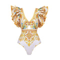 Ruffle V Neck Print One Piece Swimsuit and Shorts Women - Norellé