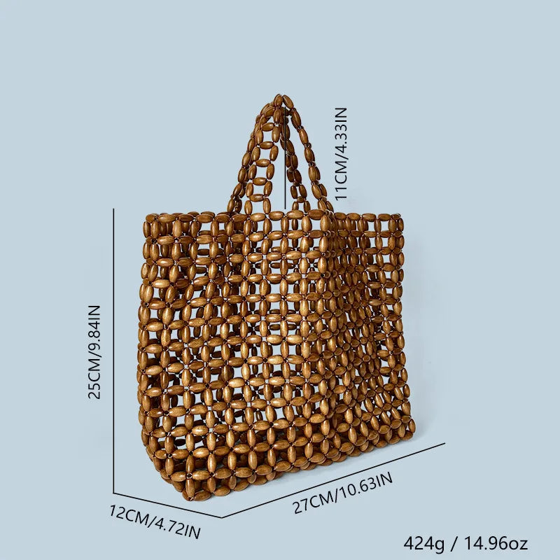 Summer Women’s Handwoven Totes Beach Holiday Hollowed-Out Wooden Beaded Bag