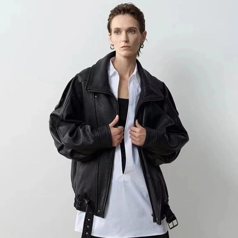 Retro PU Leather Stand Collar Jacket Women