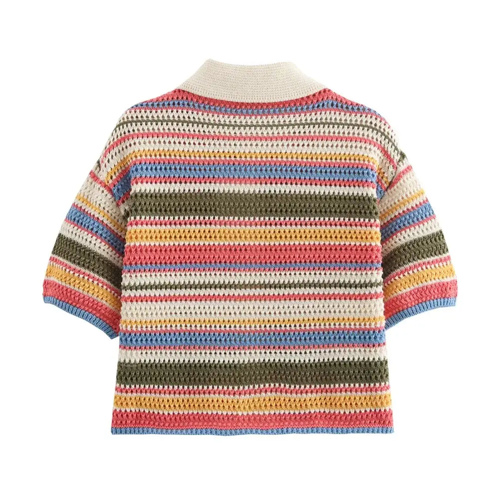 Women’s Casual Stripe Printed Short Sleeve Flip Collar Cardigan Shorts Set