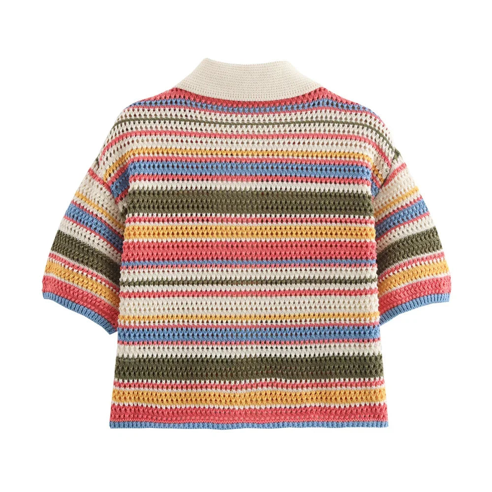 Damesett med korte ermer og flip-krage, stripete trykk, casual shorts 