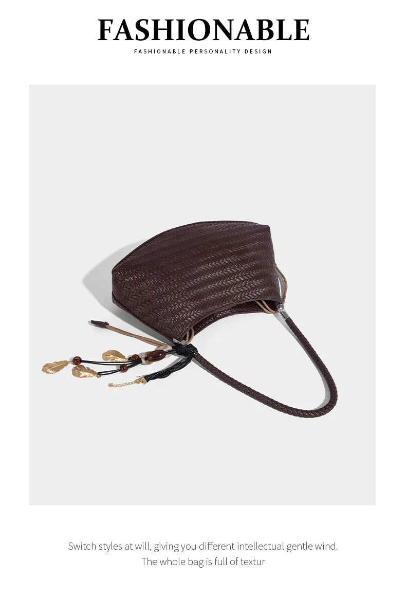 Handmade Weave PU Drawstring Tote Bags For Women