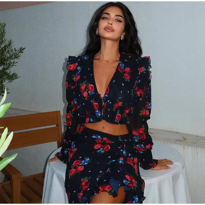 Printed Shirt Ruffles Split Skirt Sets Women