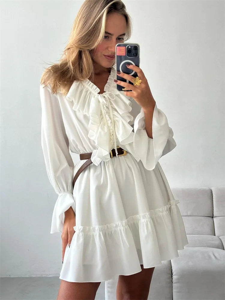 Ruffled V-Neck White Mini Dress - Norellé