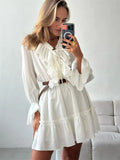 Ruffled V-Neck White Mini Dress - Norellé