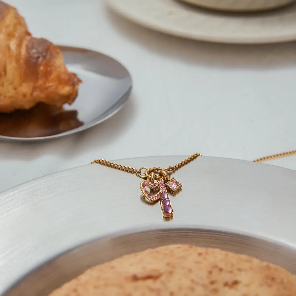 Pink Zircon Hollow Heart Pendant Necklace Stainless Steel