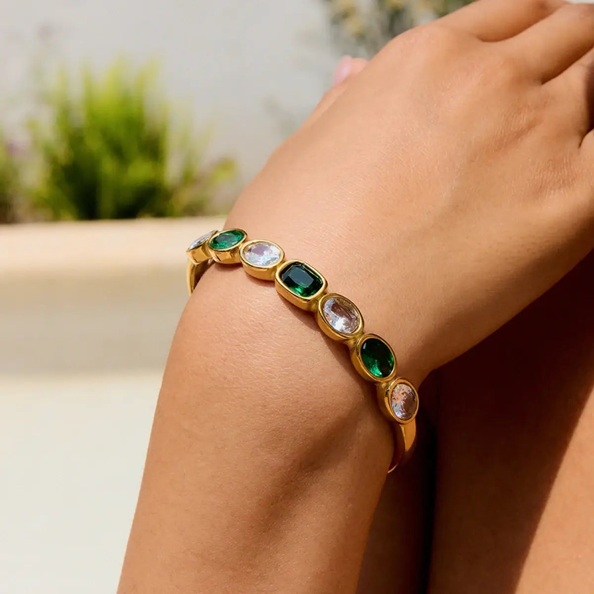 Gold Color Plated Stainless Steel White Green Zircon Bracelet