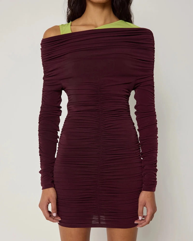 Inclined Shoulder Long Sleeve Mini Dress For Women