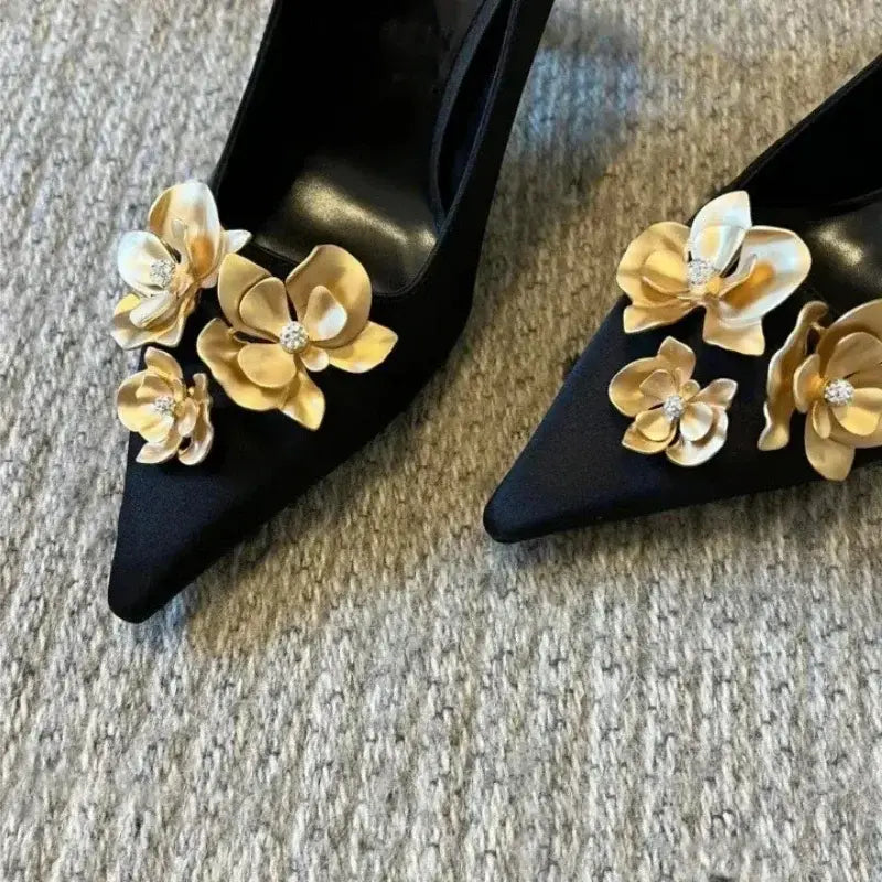 Metal Flower Pointed Toe High Heels Satin Shoes Pumps