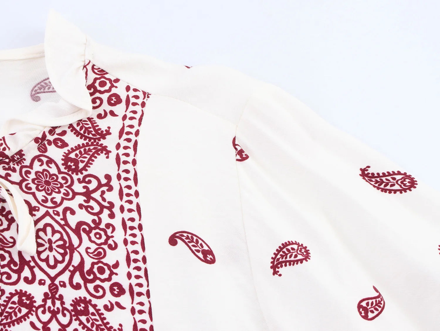 Women’s Printed Tassel Shirt Hollow Loose Stand-up Collar Lantern Sleeve Top