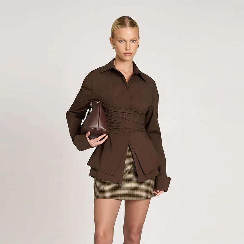 Women’s Shirts Solid Laple Waist Cinching Full Sleeve