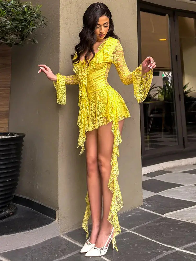 Lace Ruffled Streamer Dress For Women