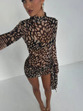 Turtleneck Sheer Print Leopard Bandage Women Dress - Norellé
