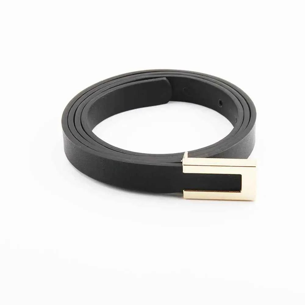 Women Thin Belt Black Gold Silver Metal Buckle Belt