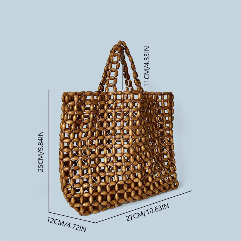 Summer Women’s Handwoven Totes Beach Holiday Hollowed-Out Wooden Beaded Bag