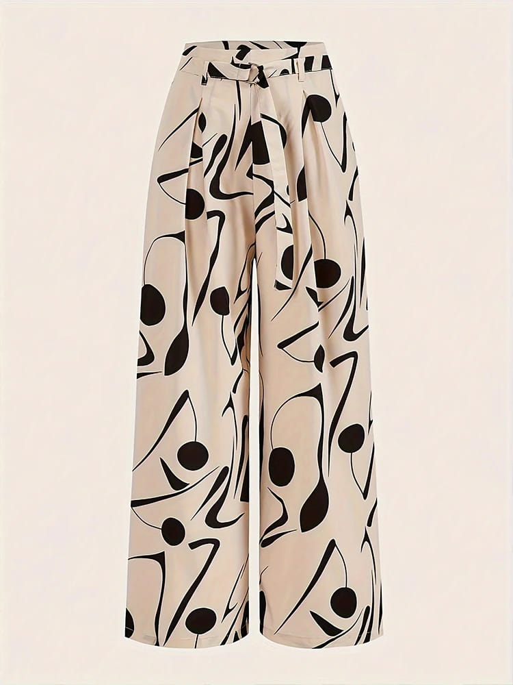 Ladies Abstract Print Belt Casual Wide Leg Pants