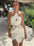 Hook Knit Beach Mini Dress Women Hollow Out Halter Sleeveless Backless Lace Up - Norellé