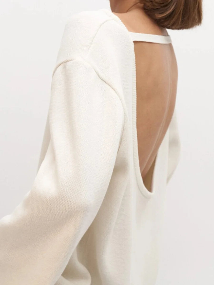Backless O-neck Cotton Knit Sweater