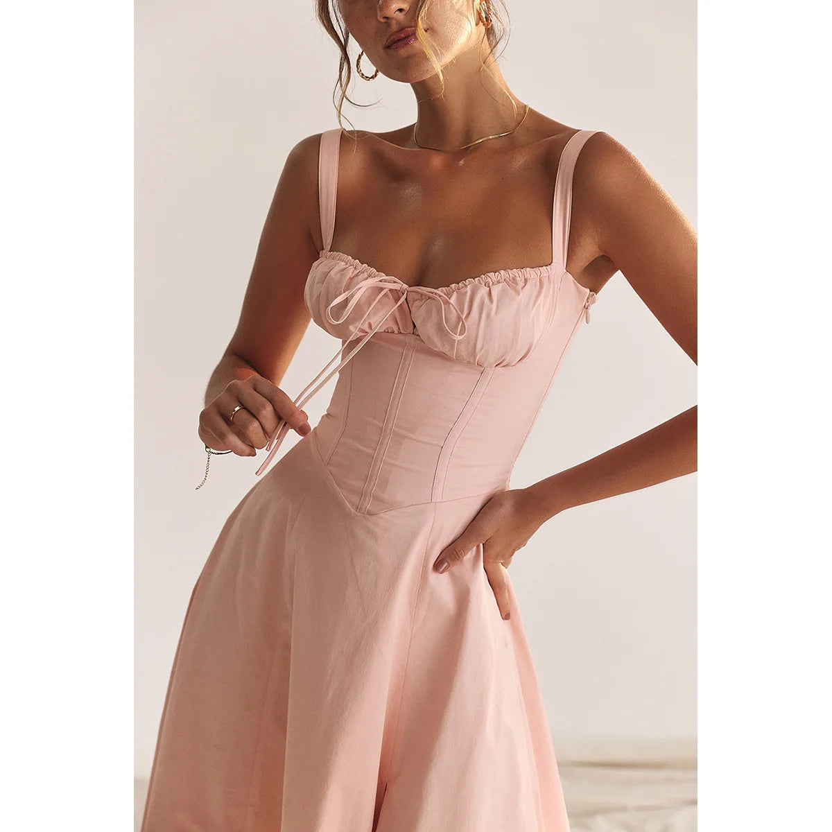 Summer Spaghetti Strap Midi Dress Elegant Long Lace Up