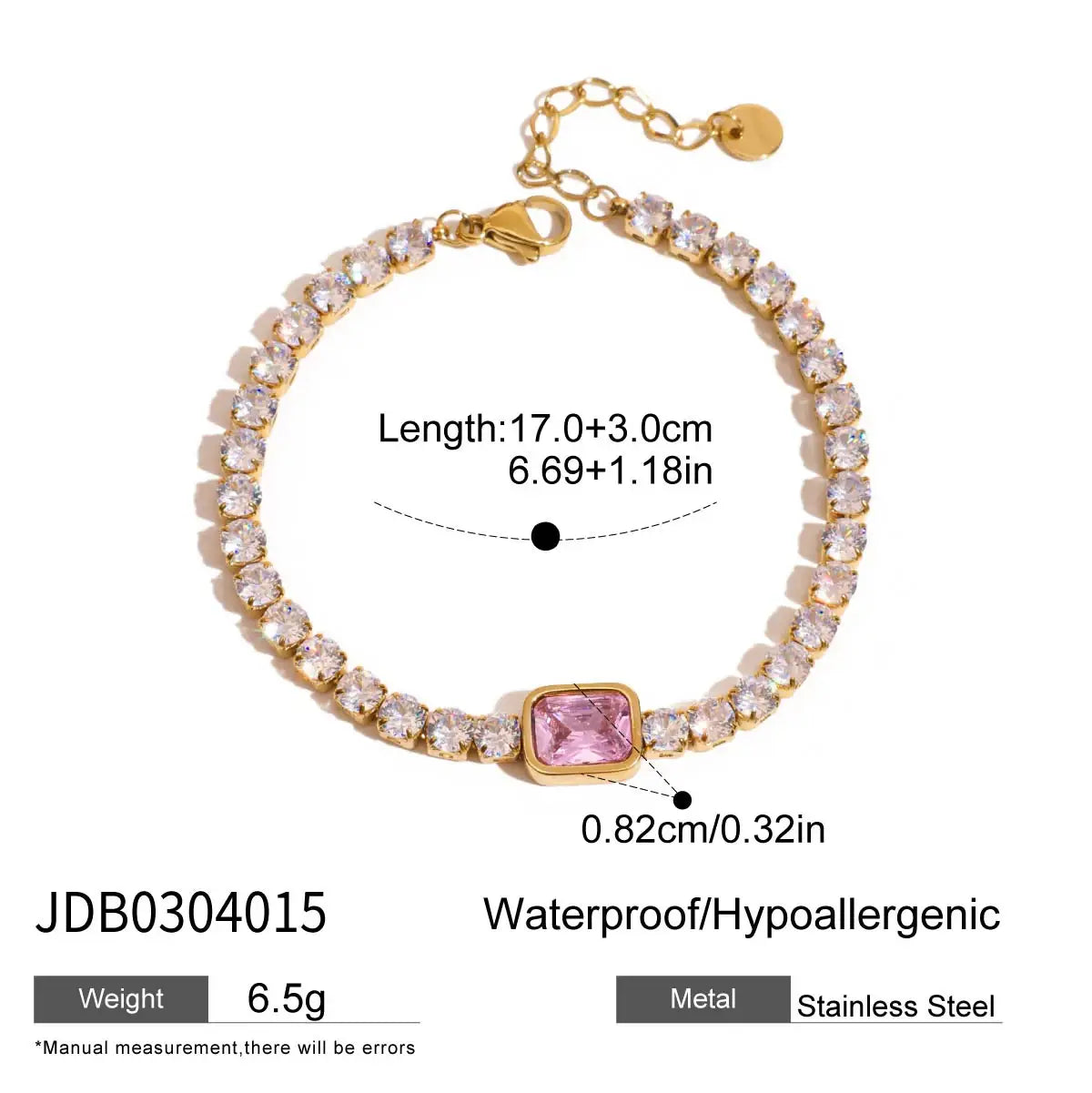 Pink Square Zircon Bracelet Stainless Steel Lock Chain Stackable